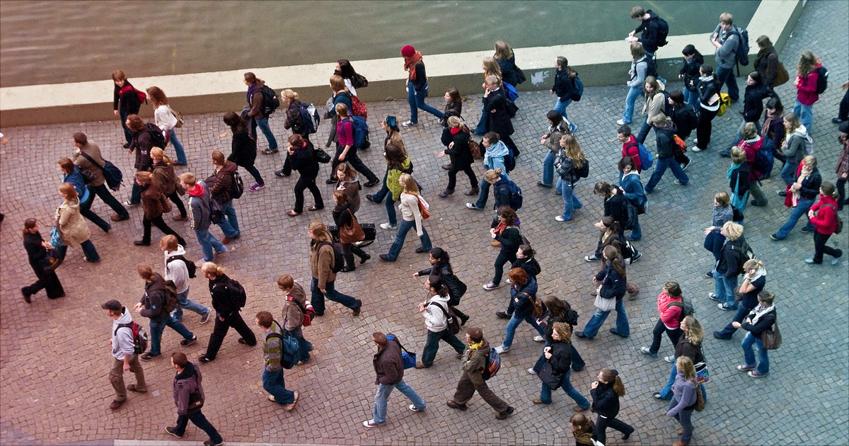 studierende laufen am Campusteich vorbei. Man schaut auf die Köpfe der Studierenden